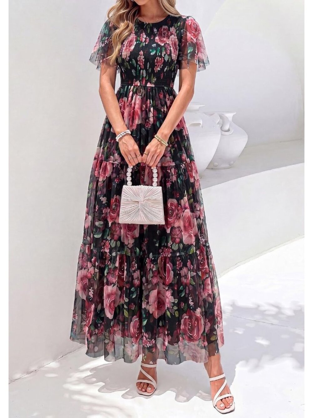 〽️Black Boho Floral Maxi Dress Women’s Flutter Sleeve Smocked Tiered A Line - Picture 6 of 6